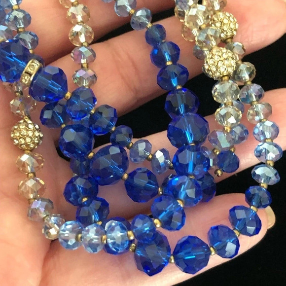 WHBM Flapper Length Long Glass Beaded Necklace Blue Clear Faceted Crystal Accent - Picture 6 of 6